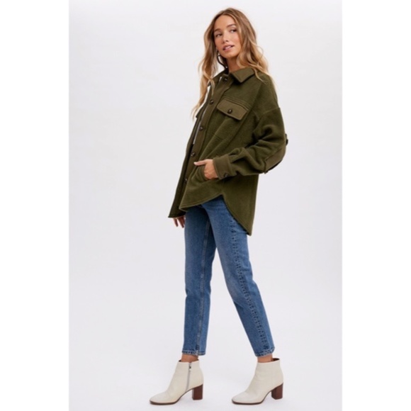 Olive Green Button Front Fleece Jacket W/ Elbow Patches & Pockets Winter Shacket - Picture 6 of 6